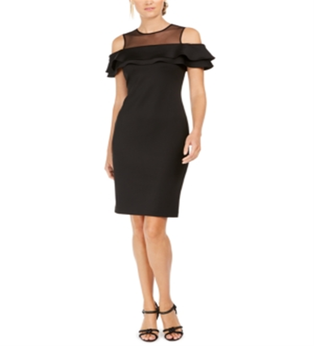 Calvin Klein Women's Zippered Short Sleeve Illusion Neckline Above the Knee Body Con Evening Dress Black Size 6