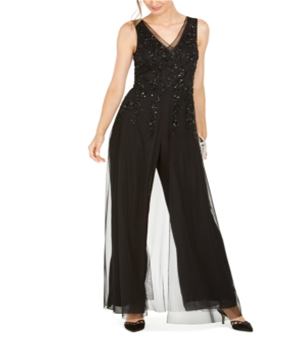 Adrianna Papell Women's Embellished Wide Leg Jumpsuit Black Size 14 Petite