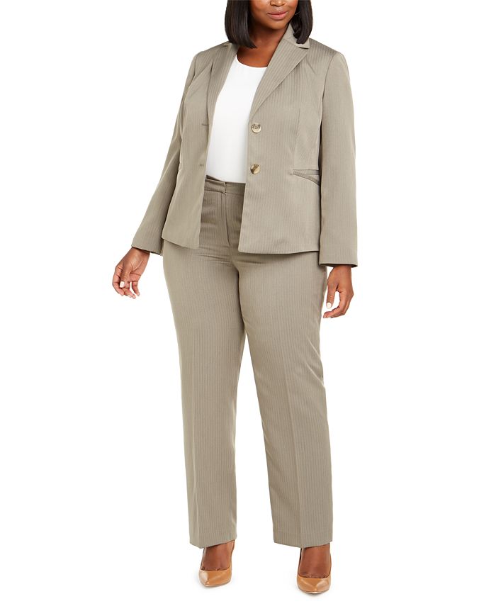 Le Suit Women's Straight Leg Tonal Striped Pants Suit Brown Size 14W