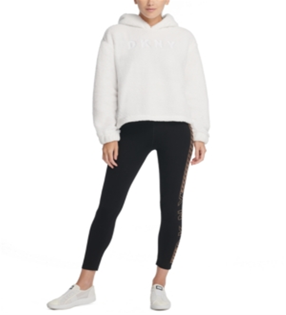 DKNY Women's Faux Fur Logo Hoodie White Size XL