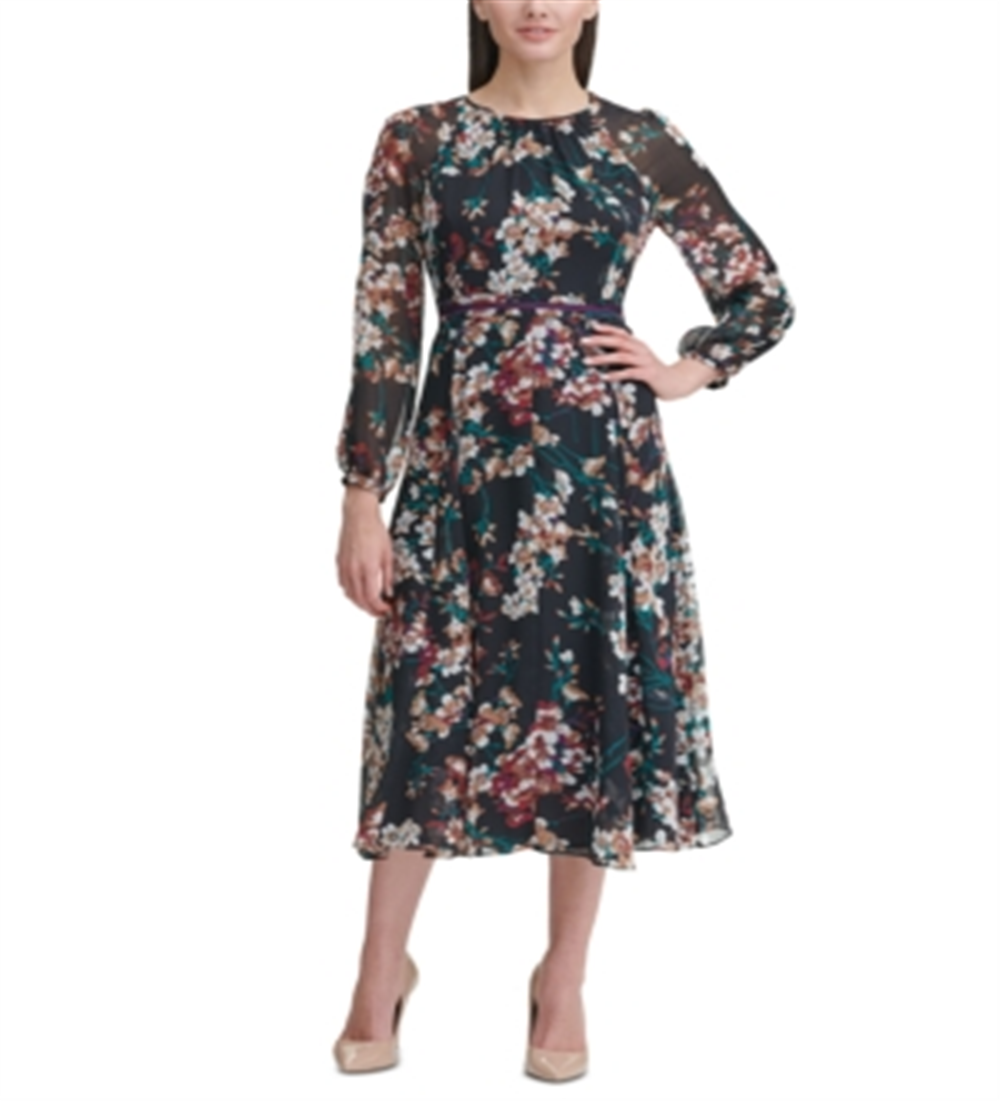 Tommy Hilfiger Women's Floral Long Sleeve Jewel Neck MIDI Sheath Dress Black Size 12