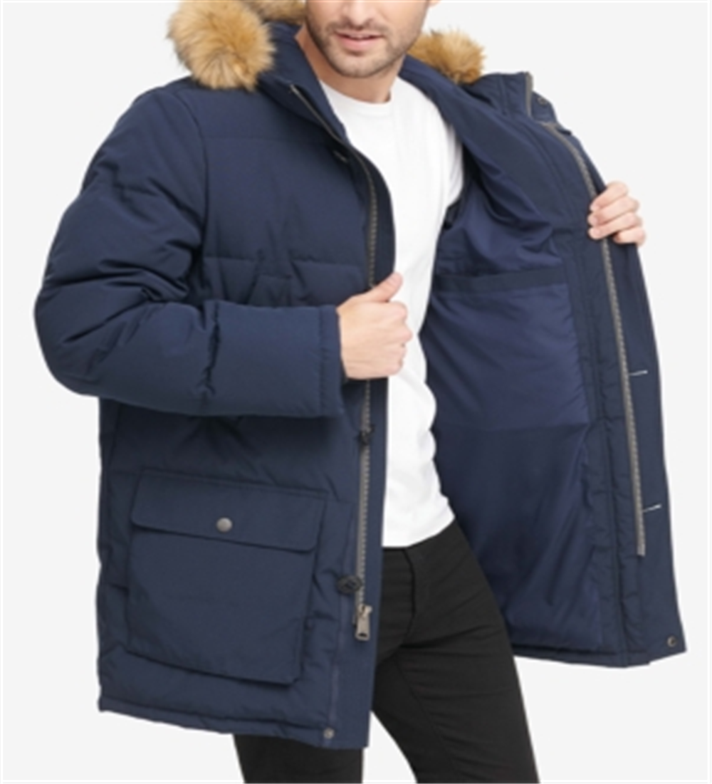 Tommy Hilfiger Men's Long Parka With Faux Fur Hood Blue Size Medium
