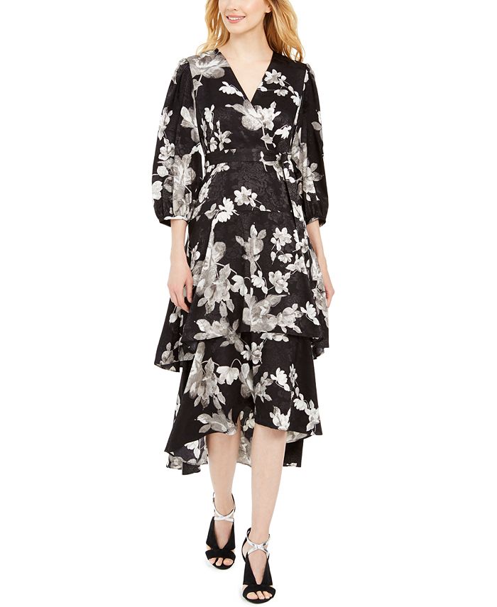 Calvin Klein Women's Belted Tiered MIDI Dress Black- Cream Size 14