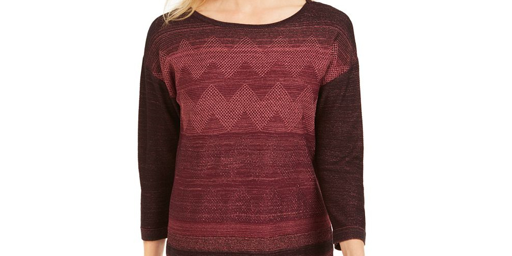 JM Collection Women's Metallic Stitched Drop-Shoulder Sweater Wine Size Medium