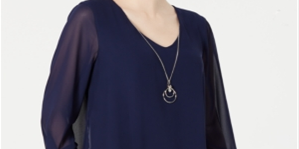 JM Collection Women's Asymmetrical Necklace Blouse Blue Size Small