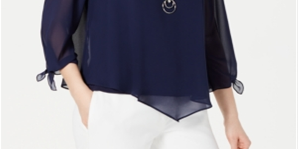 JM Collection Women's Asymmetrical Necklace Blouse Blue Size Small