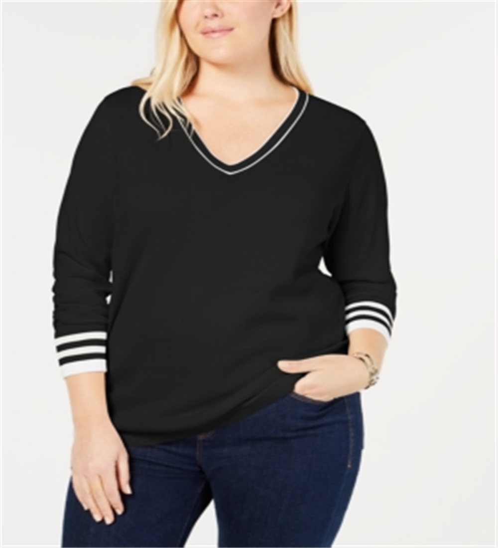 Tommy Hilfiger Plus Size Cotton V-Neck Sweater Black Size 0X