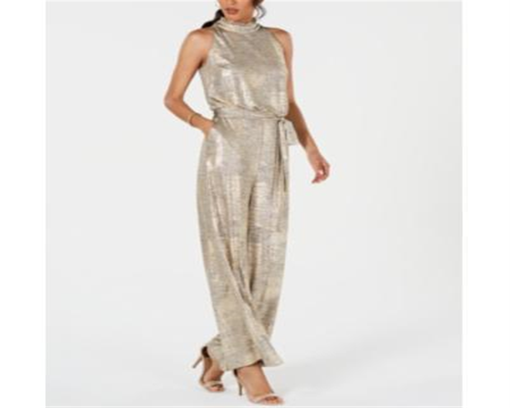 Vince Camuto Women's Mock Neck Metallic Tie Waist Jumpsuit Gold Size 12