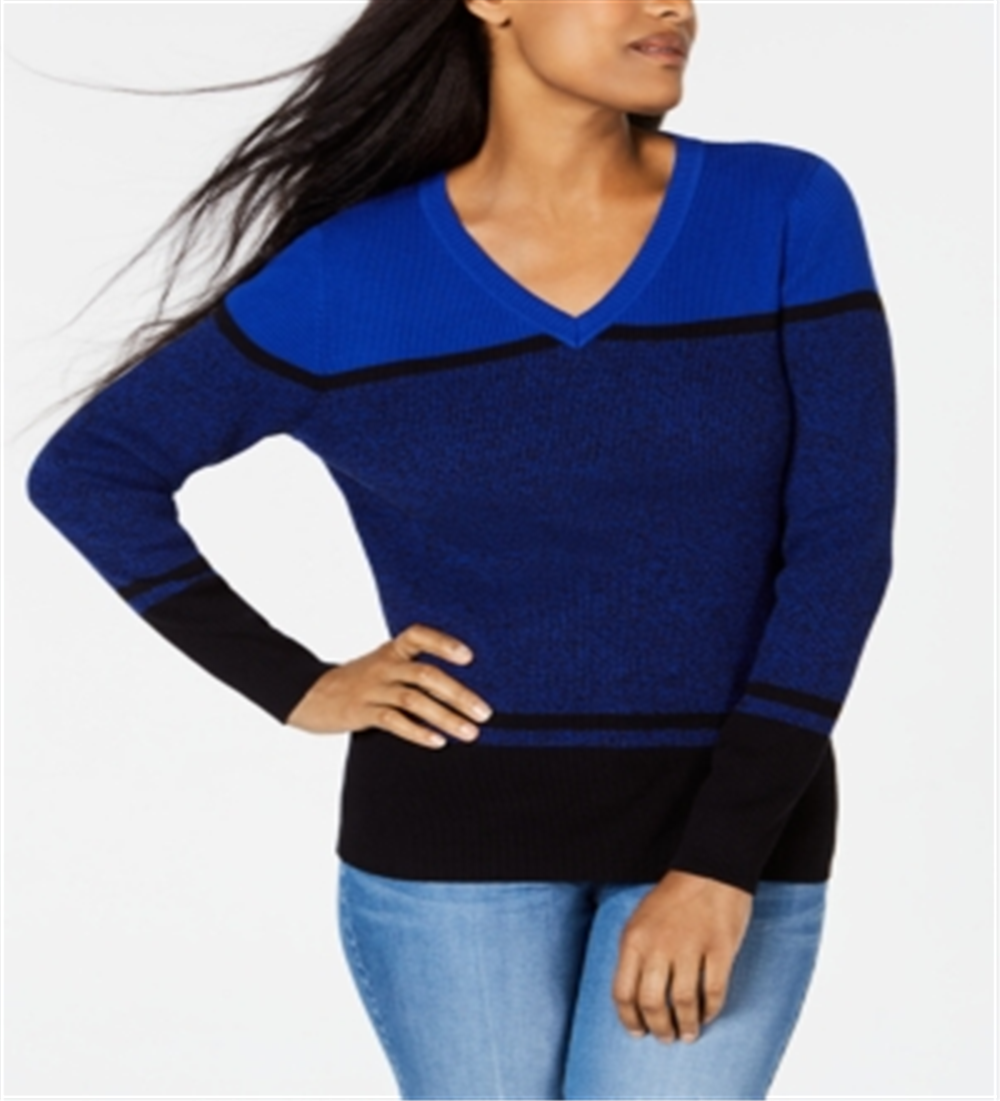 Karen Scott Women's Color Block Long Sleeve V Neck Sweater Blue Size Small