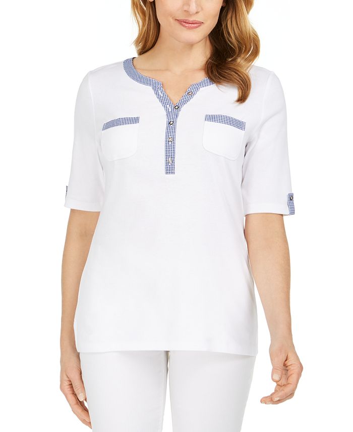 Karen Scott Women's Gingham Trim Henley Top White Size XX-Large