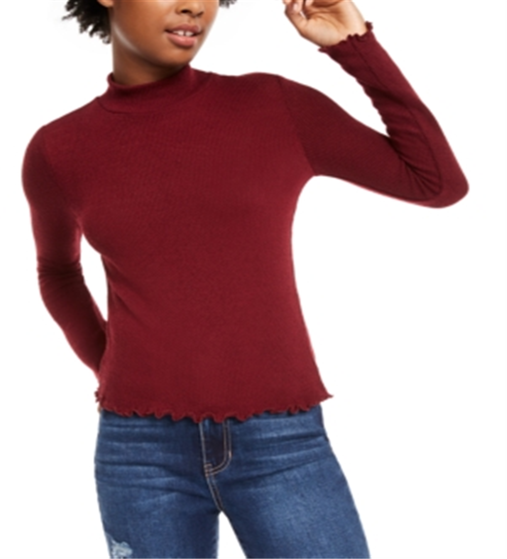 Planet Gold Junior's Mock Neck Lettuce Trim Top Red Size X-Large