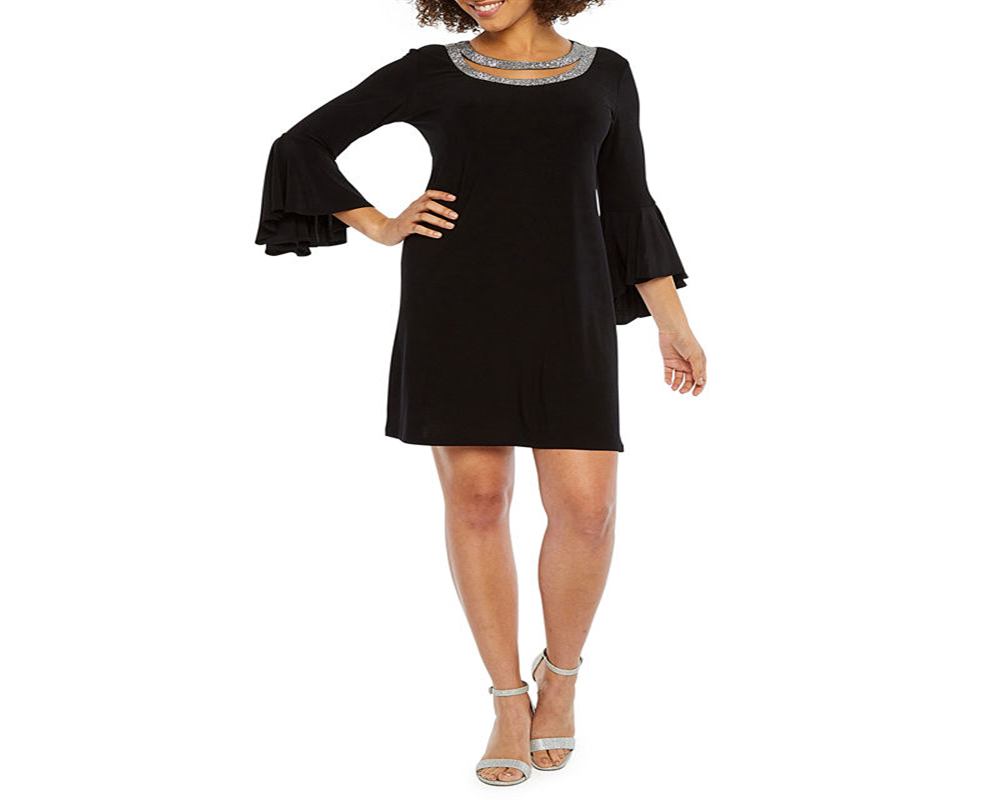 MSK Women's Rhinestone Trim Bell Sleeve Dress Black Size L