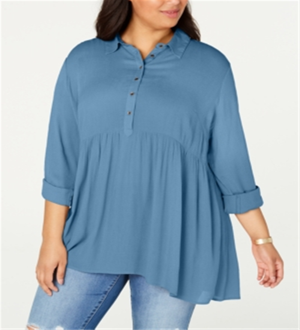 Style & Co Women's Collar 1/4 Placket Tunic Top Blue Size 2X