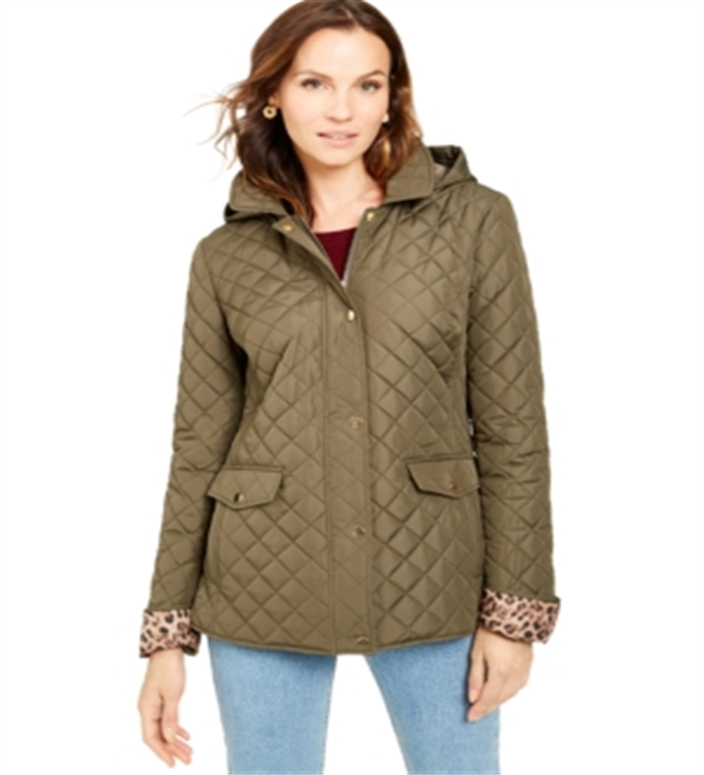 Charter Club Women's Quilted Hooded Jacket Green Size Petite Medium