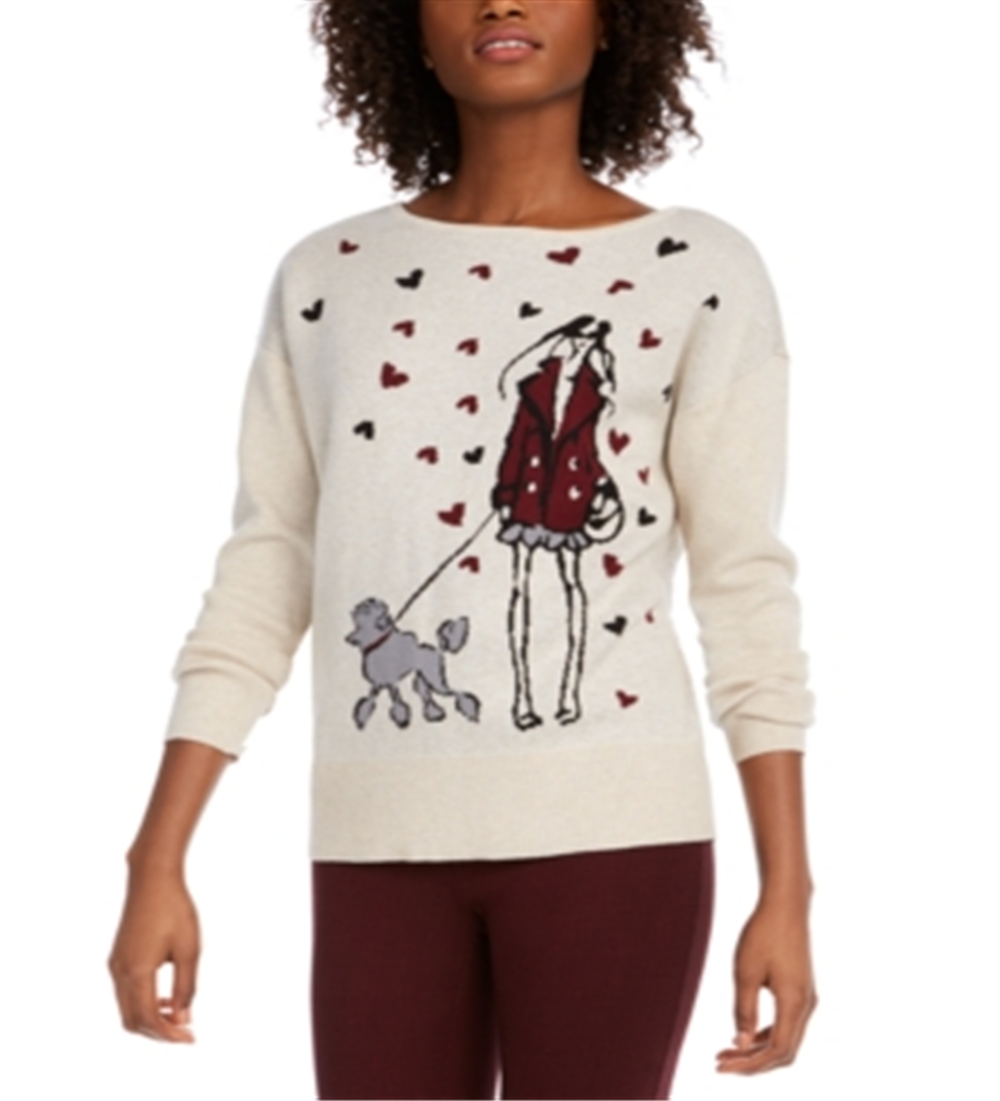 Maison Jules Women's  Printed Long Sleeve Crew Neck Top White Size Medium