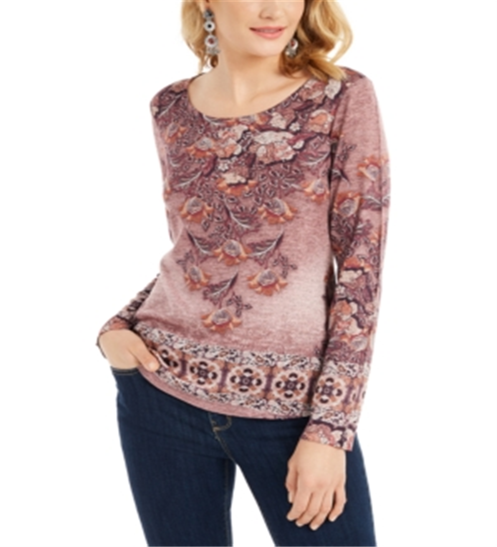 Style & Co Women's Printed Knit Top Wine- Size Small