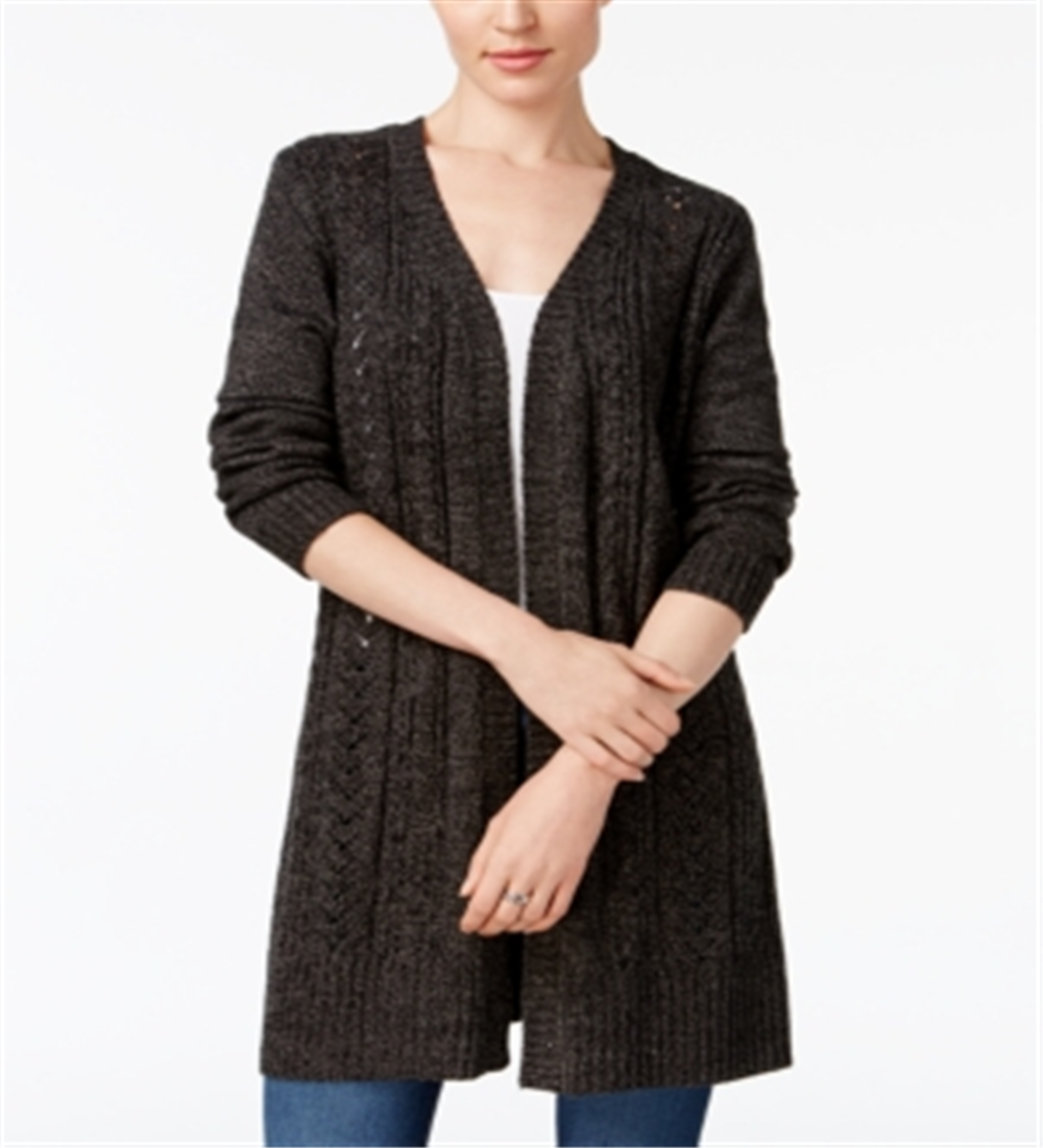 Karen Scott Women's Marled Knit Duster Cardigan -Black Size Petite S/M