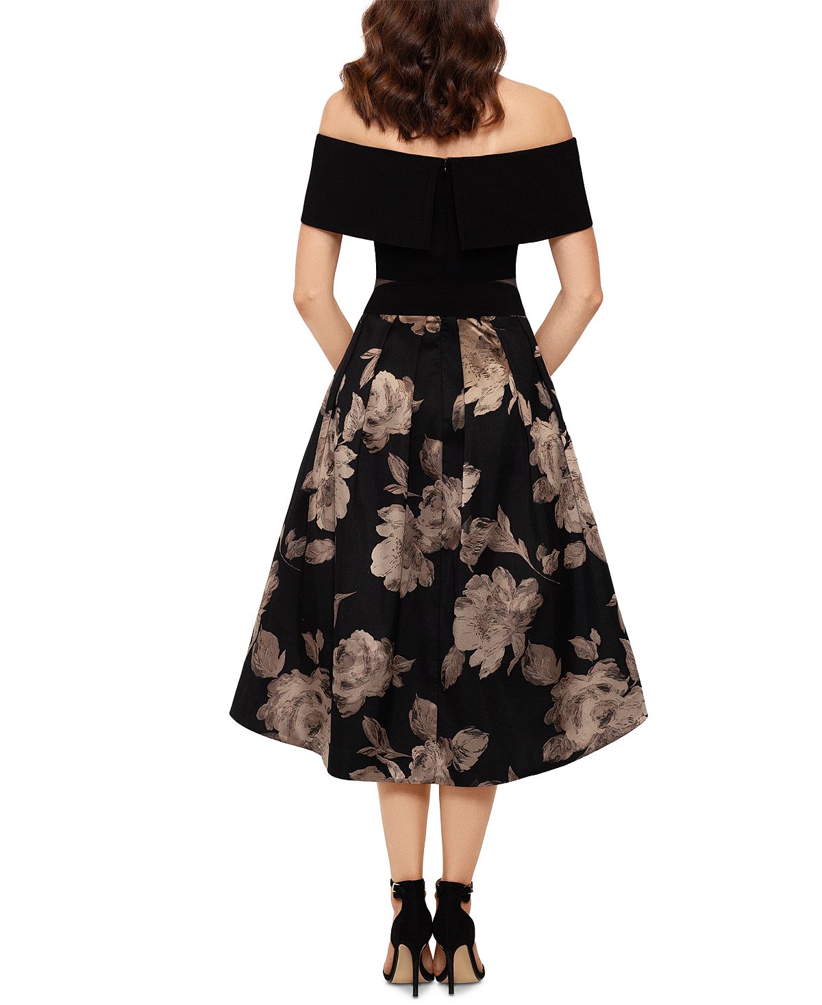 Xscape Women's Floral Short Sleeve Off Shoulder Tea Length Hi Lo Formal Dress Black Size 14 Petite