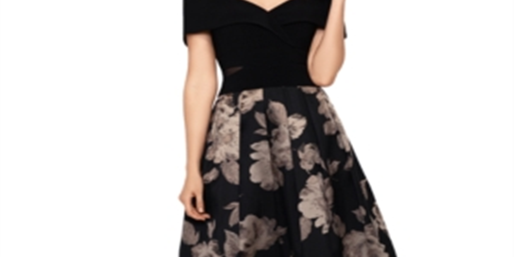 Xscape Women's Floral Short Sleeve Off Shoulder Tea Length Hi Lo Formal Dress Black Size 14 Petite