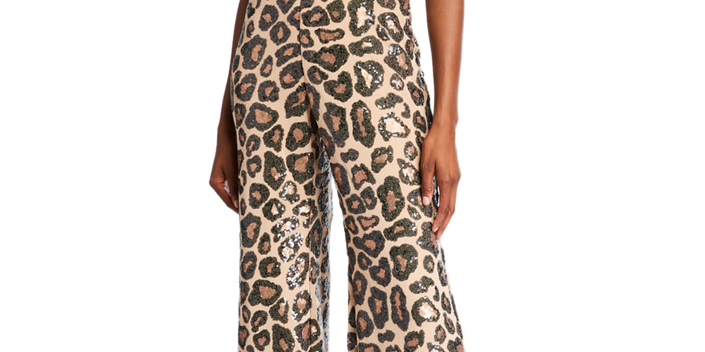 SHO Women's Sequin Cheetah Sweetheart Bustier Jumpsuit Brown Size L
