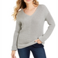 Charter Club Women's Gray Printed Long Sleeve V Neck Blouse Sweater Size Petite Large