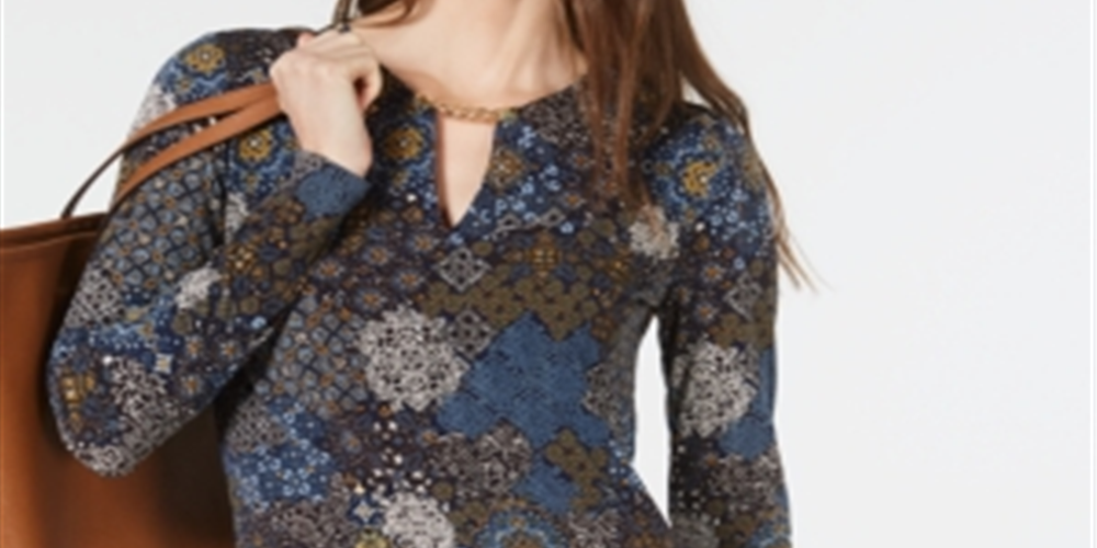 Michael Kors Women's Medallion Print Keyhole Top Blue Size Petite M