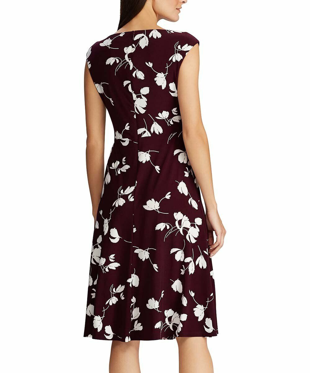 Ralph Lauren Women's Casual Plum & Colonial Cream Floral Jersey Fit & Flare Dress Wine Size 6