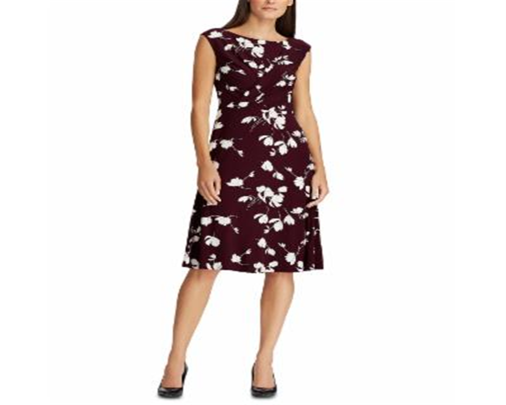Ralph Lauren Women's Casual Plum & Colonial Cream Floral Jersey Fit & Flare Dress Wine Size 6