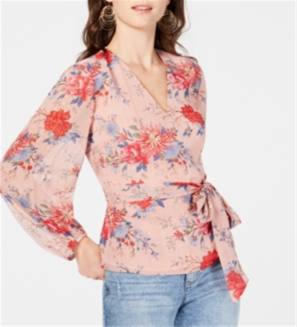INC International Concepts Women's Blouson Sleeve Wrap Top Pink Size Petite S