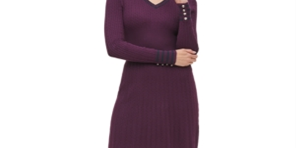 Tommy Hilfiger Women's V Neck Cable Knit Sweater Dress Purple Size XL