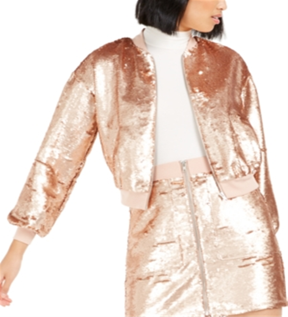 Bar III Women's Sequined Lightweight Bomber Jacket Pink Size XL