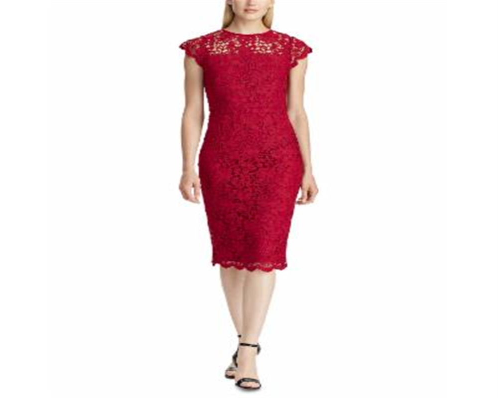 Ralph Lauren Women's Sleeveless Illusion Neckline MIDI Sheath Dress Red Size 12