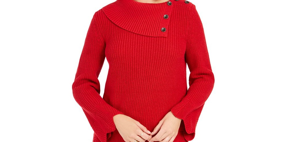 Style & Co Women's Envelope Neck Scalloped Edge Sweater Green Size Petite L