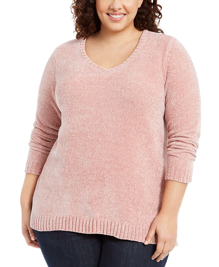 Karen Scott Women's Plus V Neck Chenille Sweater Pink Size 2X