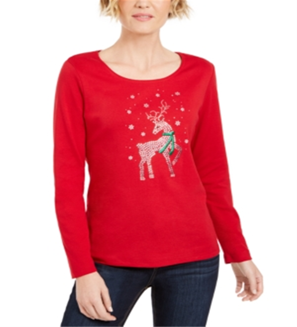 Karen Scott Women's Rhinestone Reindeer Holiday Shirt Red Size X-Small