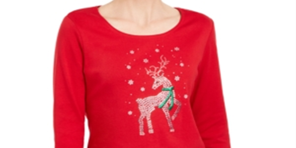 Karen Scott Women's Rhinestone Reindeer Holiday Shirt Red Size X-Small