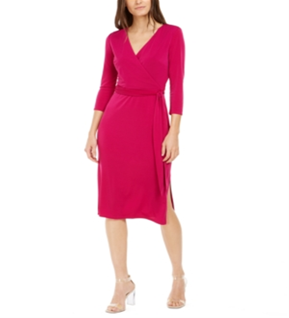 INC International Concepts Women's V Neck Knee Length Wrap Dress Pink Size Large
