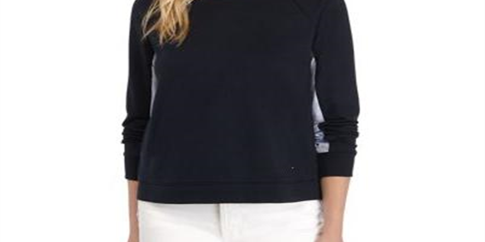 Tommy Hilfiger Women's Woven Trim Sweatshirt Blue  Size Large