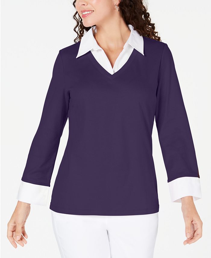 Karen Scott Women's Layered Look Cotton Top Blue Size Petite S/M