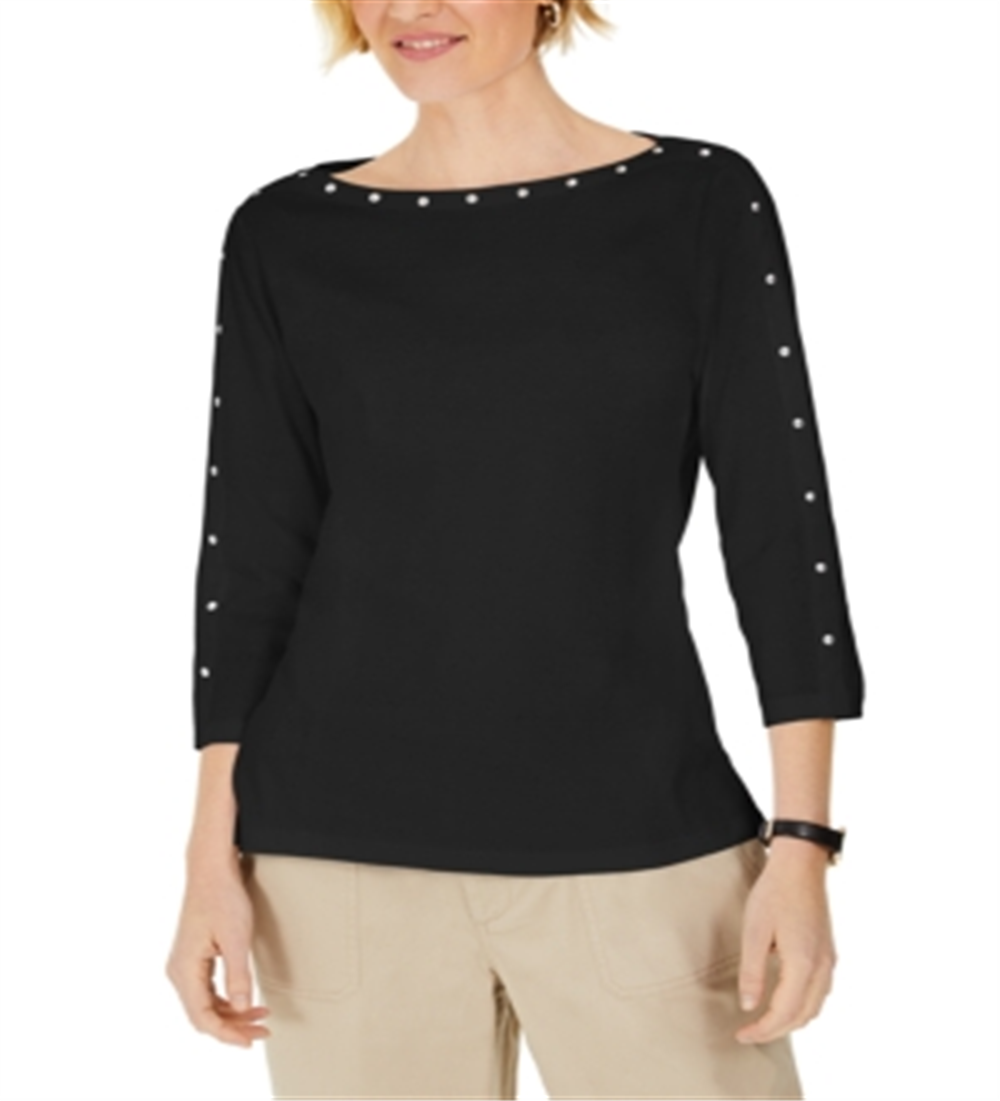 Karen Scott Women's Studded 3/4 Sleeve Top Black Size X-Small