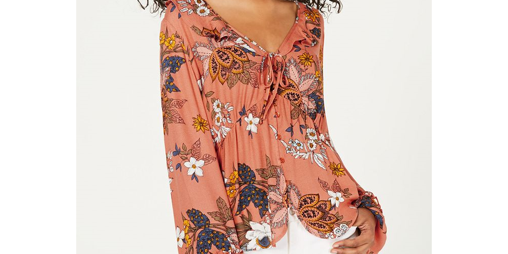 Dickies Women's Floral Print Tie Front Blouse Orange Size S