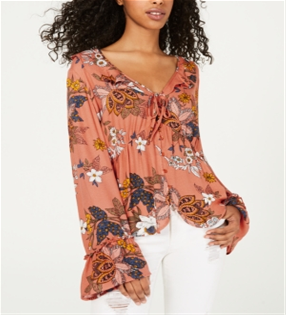 Dickies Women's Floral Print Tie Front Blouse Orange Size S