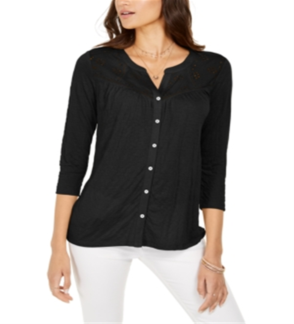 Style & Co Women's Eyelet Button Front Top Black Size Large