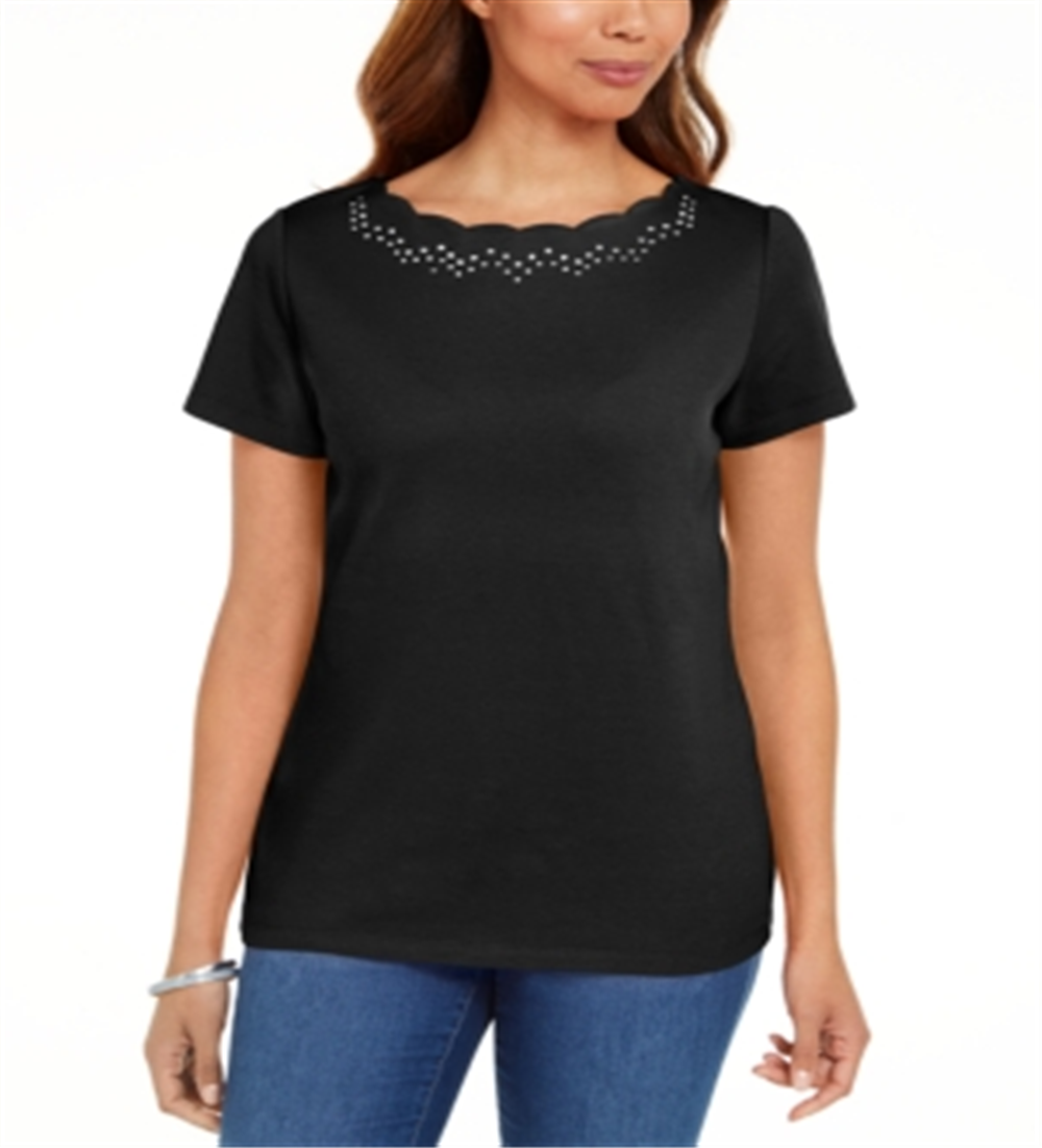 Karen Scott Women's Cotton Scalloped Neck T-Shirt Black Size Medium