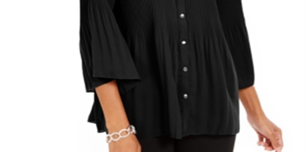 NY Collection Women's Pleated Button-Front Bell-Sleeve Top Black Size Petite XL