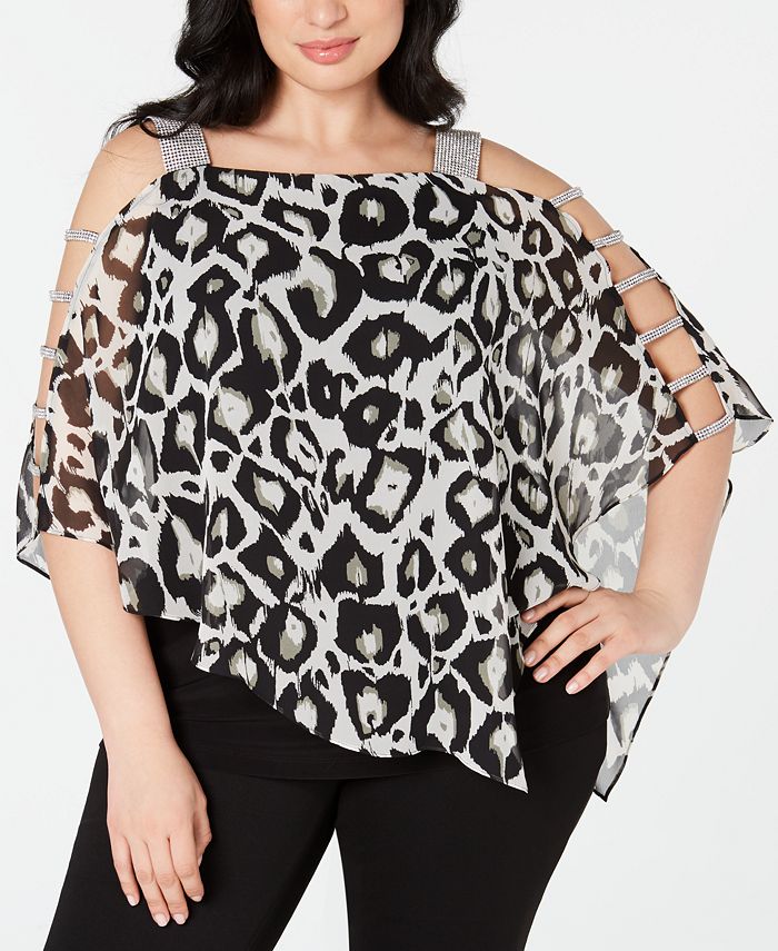 MSK Women's Rhinestone Animal Print Square Neck Top Black Size 1X