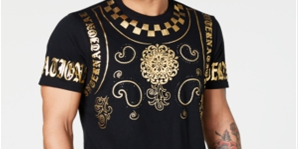 Inc International Concepts Men's Embellished Foil Baroque T-Shirt - Deep Black Size S