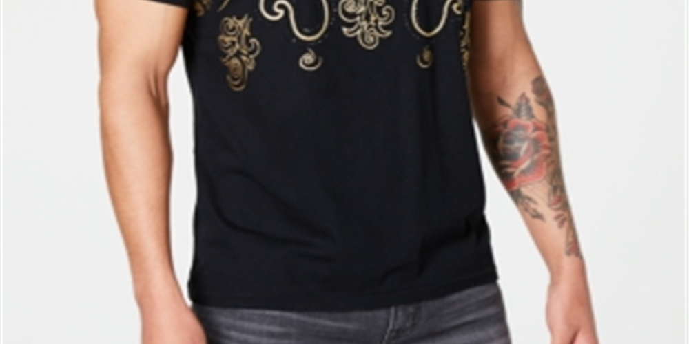 Inc International Concepts Men's Embellished Foil Baroque T-Shirt - Deep Black Size S