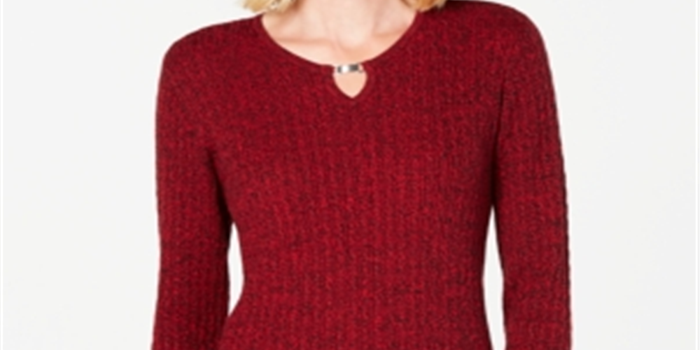 Karen Scott Women's Cotton Cable Knit Keyhole Sweater Red Size Petite Small