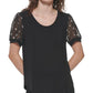 DKNY Women's Puff Sleeve Mixed Media Top  Black Size Large